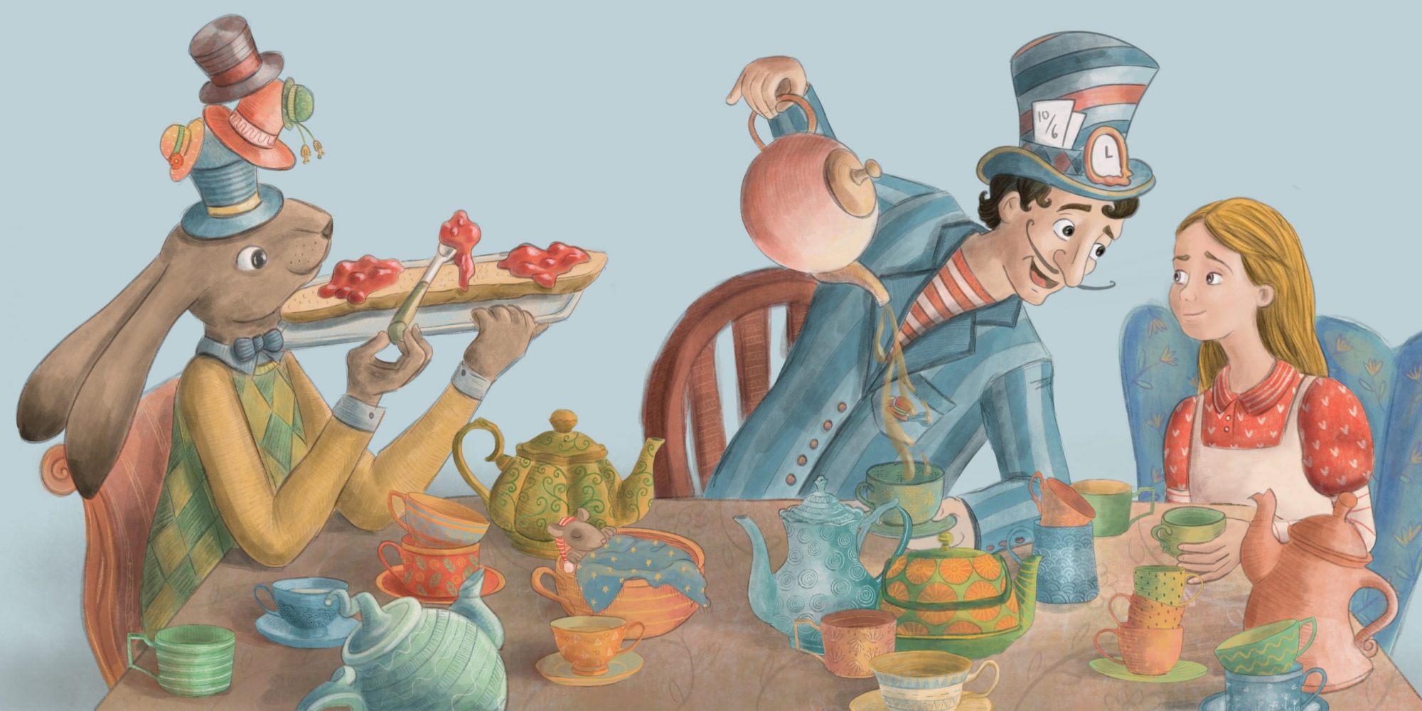 Alice at the Mad Hatter's tea party illustrated by Gabriella Vagnoli